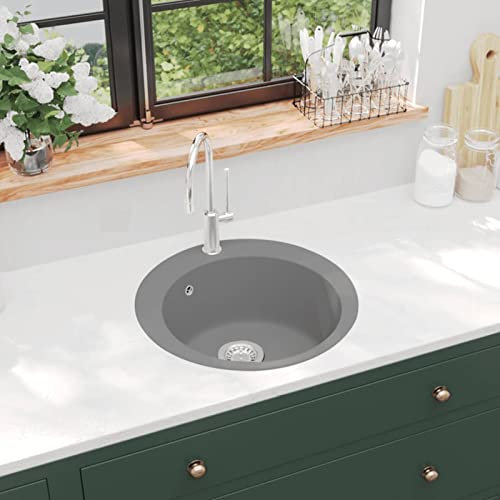 Homgoday Évier de cuisine en granit baignoire simple rond gris, meubles pour maison intérieure extérieure salon chambre à coucher