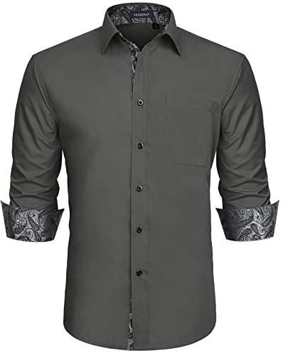 HISDERN Chemises Homme Manches Longues Chemise Décontractée Homme Boutonnées Chemises Formelles Business Chemise Regular Fit Casual Shirt Gris 4XL