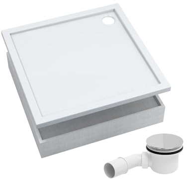 AQUABAD Duschwanne/Duschtasse | Komplettset Basic Smooth White 90x90cm Quadrat | inkl. Styroporträger und Marken-Siphon 90mm mit Chromdeckel | (Gesamthöhe inkl. Träger 16 cm) zum Befliesen