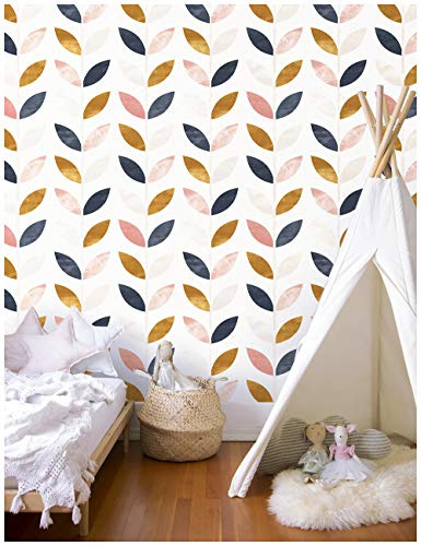 HAOKHOME Navy Peel and Stick Wallpaper Kids Wallpaper for Girls Bedroom | Removable Self Adhesive White Tan Boho Leaf Vinyl Stick on Wall Paper 3m x 44.5cm