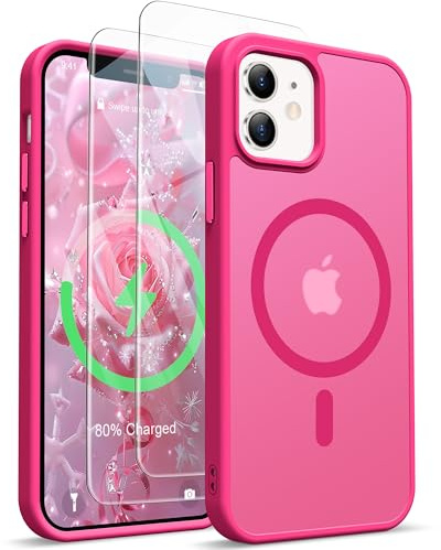 ORETECH für iPhone 12 Hülle mit 2 Schutzfolie, Matt Heißes Rosa | Kompatibel mit Mag Safe,Stoßfest Kratzfest Transluzente Rückseite Handyhülle für iPhone 12/12 Pro