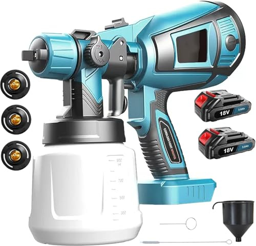 Akku farbsprühsystem für Makita 18V Akku BL1850, 1000 ML Farbspritzpistole mit 3 Düsen(1,0mm, 1,8mm, 2,5mm), 4 Filterpapier 3 Muster, für den Innen- und Außenbereich (2X 3000mAh Akku)