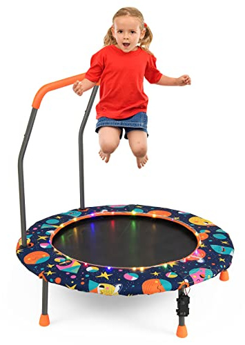 GYMAX Kindertrampolin Ø 92cm, Trampolin, Mini Trampolin mit LED-Lichtern, abnehmbarem Griff & TPR-Fußabdeckung, Gartentrampolin für Kinder von 3-6 Jahren