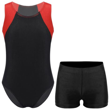 Jowowha Kinder Ballettanzug Jungen Gymnastikanzug Turnanzug Ballett Trikot Leotard Ärmellos Body mit Shorts Gym Sportwear Rot Schwarz 110-116