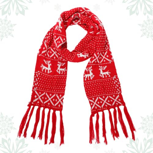 OUNONA Gestrickter Wollschal Weihnachten Schal Rot Weihnachten Polyester FüR Weicher Winterwarmer Schal Mit Schneeflocken Und Rehkitz Modisches Halstuch FüR Festliche AnläSse Und Alltag
