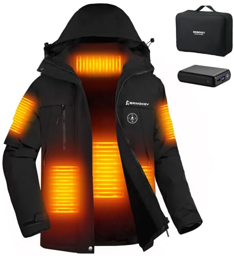Brimekey Veste Chauffante Femme avec Batterie 12000mAh, Électrique Vestes de Ski en Polaire Imperméable & Coupe-vent avec 6 Zones de Chaleur, Manteau Chauffant Capuche pour Extérieur Hiver