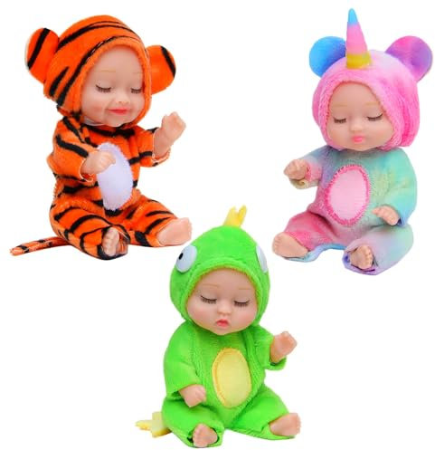 Mini Reborn Baby Dolls, 3Pcs Realistic Tiny Babies with Animal Clothes - Cute Miniature Dolls for Kids - Christmas & Birthday Gift