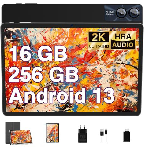 GOODTEL 11 Pulgadas Touch Tablet Android 16GB RAM + 256GB ROM + TF 1TB | Pantalla 2K | Octa-Core | 8600mAh | WiFi 5G | GPS | Bluetooth 5.0 | 13MP+5MP,Tablet táctil con Funda Protectora, Negro