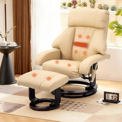 Mingone Massagesessel Elektrisch mit Liegefunktion Beige | Fernsehsessel mit Fußhocker | 360° Drehbar | Kunstleder | TV Sessel mit 8 Massagepunkte | Relaxsessel mit Wärmefunktion