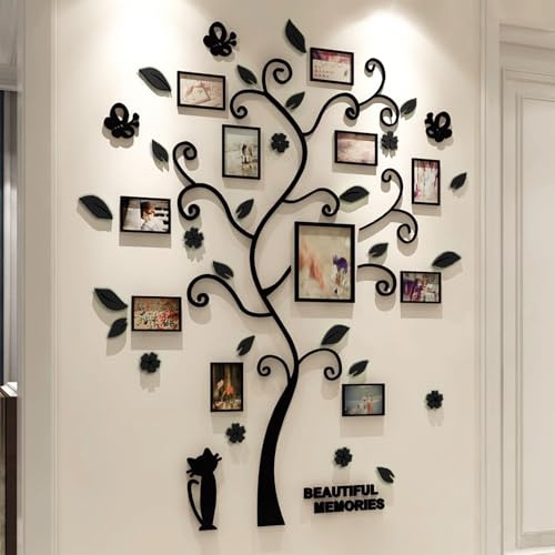 FALANZATH Wandtattoo Baum 3D DIY, Wandaufkleber Family Stammbaum, Acryl Wandbilder Wandkunst mit Bilderrahmen, Wandsticker Wanddeko Deko Wohnzimmer Schlafzimmer(Schwarz,160x132cm)