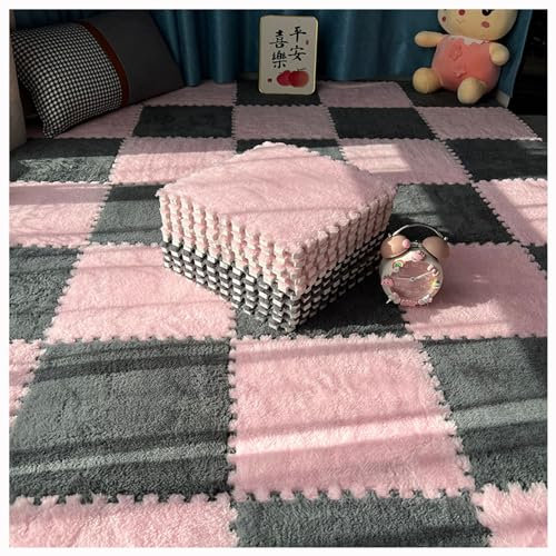 KUANGGE ineinander greifender Teppich, 16 Stück ineinander greifende Teppichfliesen, Rutschfester Patchwork-Teppich, ineinander greifende Bodenmatten aus Plüschschaum, Klettermatte (Rosa + Grau, 1 c