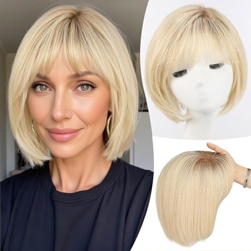 EMMOR Echthaar-Haarteile für Frauen, kurzer Bob mit Pony, 10 Zoll seitlicher Teil Haarstücke, 6,5 Zoll × 6,5 Zoll größere Basis, menschliche Haarperückenaufsätze.(Ombre blond).