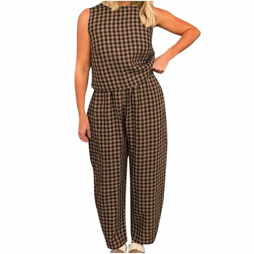 NSICBMNO Co Ord Sets für Damen, Sommer, Loungewear, Set, kariert, Pyjama, ärmellos, Weste, Oberteil, Baggy-Hose, 2-teiliges Outfit, karierte Pyjamahose, Baumwoll-Tops, lässiger Trainingsanzug,