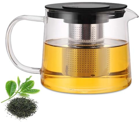 Teiera in vetro, 1,5 l, resistente al calore, con colino da tè in acciaio inox rimovibile e coperchio, teiera con inserto per colino, teiera termica per tè fiorito e tè alle foglie sciolto