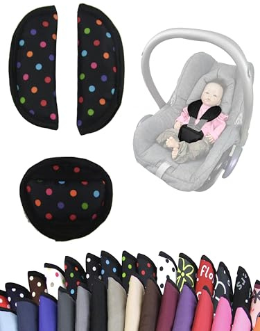 Gurtpolster [Polster-Set für Babyschalen] Autositze Kinderwagen universal Schulterpolster Set 3 Pads Gurtbezüge (Punkte schwarz bunt)