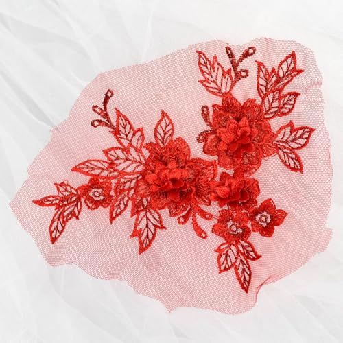 Blausky 3D Stickerei Spitzenapplikation,Blumen Spitze Nähen Applikation,Gestickte Spitze Ausschnitt Blumenkragen Stickerei Patches Zubehör für DIY Cheongsam Hochzeit Brautkleid 15x20cm,Rot