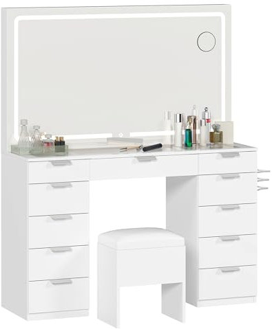 DWVO Schminktisch mit Spiegel, Kosmetiktisch mit 11 Schubladen, Beleuchtung, Steckdose, Weiß (Make Up Tisch, Frisiertisch, Kosmetiktisch, Vanity Table)