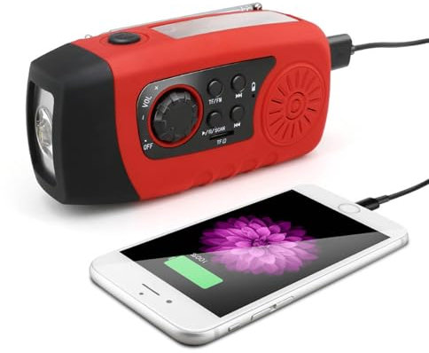 Wind Up Emergency Radio, Solar Powered Hand Crank Portable AM/FM Weather Radio 2000mAh Survival with LED Bright Flashlight, SOS Alarm, Headphone Jack, USB Port for Camping Hiking (Red 1)