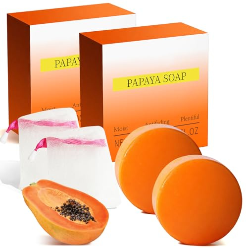 Papaya- und Olivenölseife - Sanfte Reinigung für fettige und empfindliche Haut, verbesserte Textur und einheitlicher Ton, natürliche Papaya Aufhellungsseife für empfindliche Haut (2, 200g)