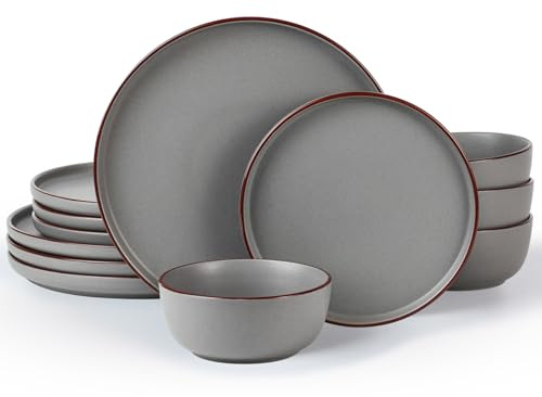 Richmount Mercury Geschirrset，12-teiliges teller set，Steingut Geschirr Set für 4 mit Speiseteller, Dessertteller, Müslischalen, Mikrowellen & Spülmaschinenfest, Dunkelgrau