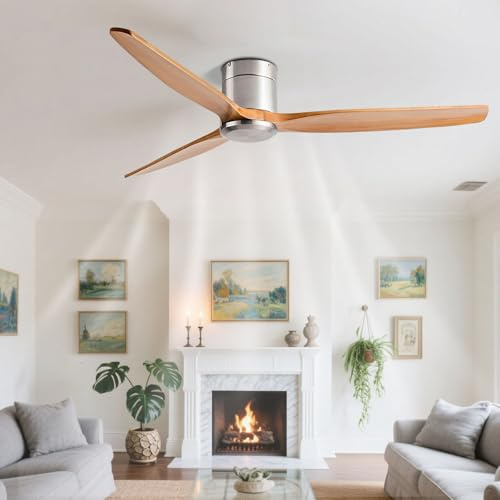 IBalody Ventilatore da soffitto a Basso Profilo Senza Luce 6 velocità ventilatori da soffitto remoti Montaggio ad Incasso Pale in Legno Ventilatore da soffitto Senza Luce per Patio Camera da Letto