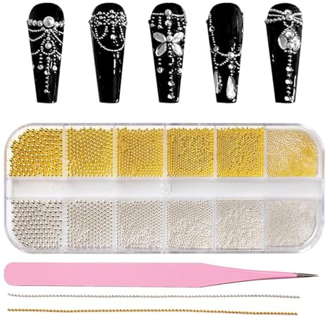 Kits de Decoración para Uñas Medias Redondas, JOOTUEPO Cuentas de caviar para uñas, Encantos de Uñas Bola de Acero, Parte Posterior Plana / con Pinzas / para Nail / Facial / DIY / Manualidades