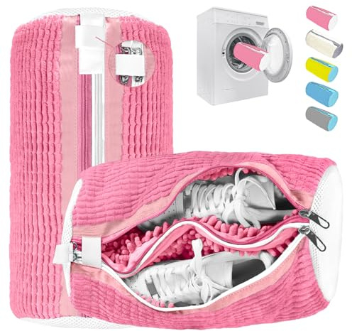 2 i 1 tvättskoväska, förbättrad version tvättpåse för tvättmaskin, återanvändbar dubbla dragkedjor och dubbla fickor skoväskor för flickor (Rosa)