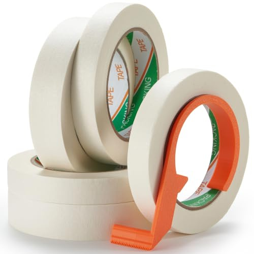 QITIUNLXY Masking Tape for Painting with Cutter, 18 & 25mm, 5 Rolls | Built-in cutter for clean tearing. Includes 2 wide and 3 narrow white crepe tapes for painting, labelling, crafts and DIY.
