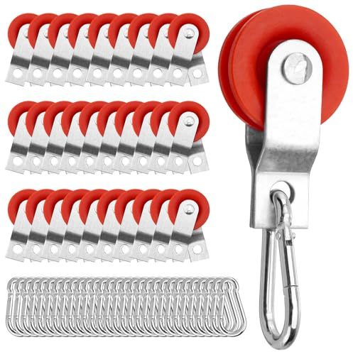 TRUCFUSION 30 Sets 1-7/8 Nylon Pulleys Kit with Snap Hooks for Batting Cage Cable System Smooth Sliding, Red
