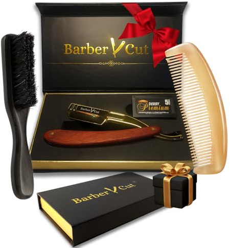 Estuche de afeitado para hombre – Kit de afeitadora profesional – Incluye set de patatas, peine de cuerno auténtico y cepillo de cerdas de jabalí | Caja de regalo para afeitado tradicional