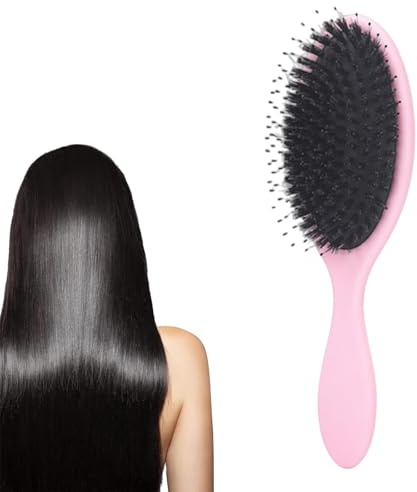 BelleFlair Brosse à cheveux en poils de sanglier rose, brosse plate pour femmes et hommes, brosse professionnelle pour extensions pour démêler les cheveux longs et épais