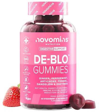 Gominolas De-Blo - Suplemento de Enzimas Digestivas - con Bromelina, Inulina, Menta, Jengibre y Probióticos - para la Salud Intestinal - Sin Gluten y Vegano - 60 Gominolas - Novomins