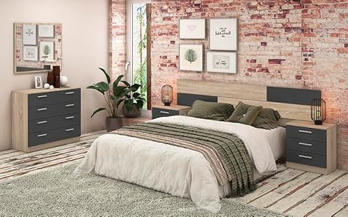 Pack Dormitorio Completo Meyvaser – Cabecero 220 cm + 2 Mesitas de Noche 3 Cajones + Cómoda 4 Cajones, Color Cambria y Negro, Estilo Moderno