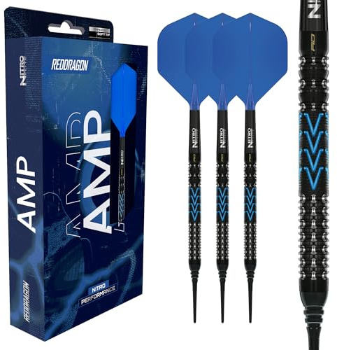 Röd DRAGON Darts – AMP Series Dart Pilar – 18 g fat/20 g full vikt, mjuk spets, avsmalnande dart set – 90 % volfram dartpilar proffs – Nitro Flite integrerad flyg/fack, dartvingar och dartskaft