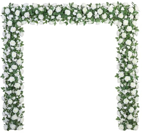 Suncalla 8 Pack 6.56ft Artificial Rose Flower Garland Silk Flocked White Rose Garland Faux Eucalyptus Peony Flower Vine for Wedding Party Table Centerpiece Arch Background Decoration(Eucalyptus)