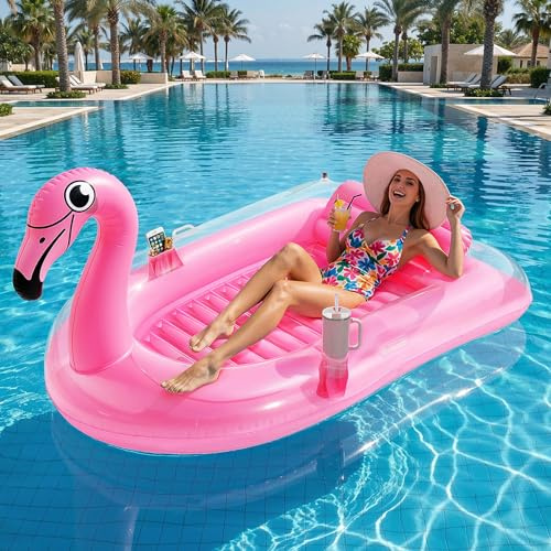 MoKo Flamenco Inflable para Tomar el Sol en la Piscina, 200×125 cm Cama Solar Inflable con Portavasos & Almohada, Colchoneta Flotante para Broncearse para Jardín Lago Playa Río Fiesta, Rosa
