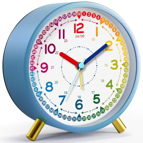 Zonopy Wecker für Kinder, leise und ohne Ticken, analoge Lernuhr für Anfänger, elegante runde Metalluhr, einfach abzulesen, batteriebetrieben