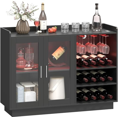 HOMCOM Mobile Portabottiglie con Luci LED RGB e Porta Bottiglie da 12, Cantinetta con Ante Soft Close in Vetro e Ripiano Regolabile per Sala da Pranzo, Cucina e Casa Nero