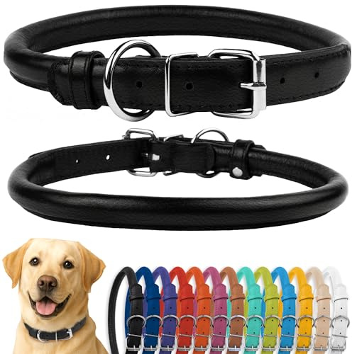 CollarDirect Hundehalsband aus gerolltem Leder, weich gepolstertes rundes Welpenhalsband, handgefertigtes echtes Lederhalsband für kleine große Katzenhalsbänder (16-18 Zoll, Schwarz Strukturiert)