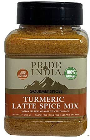 Pride of India – Turmeric Latte Spice Mix – Gourmet & Warm Tea Spice Blend – Healthy/Gluten-Free – Ideal for Lattes/Smoothies/ Golden Milk – Easy to Store – 7 oz. Medium Dual Sifter Bottle