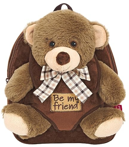PERLETTI Kuscheltier Braunbär Rucksack für Kinder mit Plüschtier Bär - Pluschbär Weich Flauschig und Kindergarten Schultasche - 3 4 5 Jahren Baby Kindertasche 27x21x9 cm (Braunbär mit Bogen)