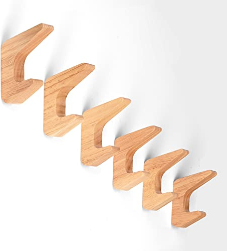 Wmama Matty-LZ 6 Stück Vintage Holzhaken Holz Haken Tragfähigkeit 5kg, Wandhaken Bademantelhaken Huthaken Kleiderhaken Mehrzweckhaken Schlüsselhaken (A Holzfarbe - 6er Set)