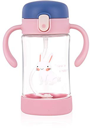 ÜneeQbaby Active Plus Kiddy Becher mit 360 Grad gewichtetem Flexi-Strohhalm, bewegungssicher, Tritan - BPA-frei, weicher Auslauf, ein offener Knopf 300 ml (Elsie Rosa Kaninchen)