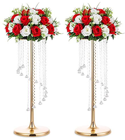 Nuptio Centrotavola Matrimonio Vasi D'oro - 2 Pezzi 70cm Altezza Vaso Fiori Cristallo Metallo Stand per Decorazioni Tavoli Festa Eleganti per Matrimoni Sfusi Centrotavola Lampadari Tavolo