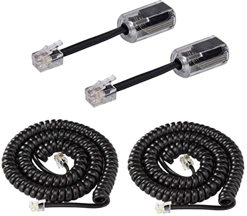KINXIYU Telephone Handset Cord Detangler 2 Sets, 2 Pack Landline Handset Cord Cable (7.5Ft Uncoiled, 1.5 Ft Coiled) and 2 Pack Anti-Tangle Telephone Cord Untangler 360 Degree Rotating Swivel Cord