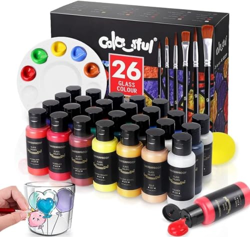 Colorful Glasmalfarben-Set mit 6 Pinseln, 1 Palette und 1 Schwamm, 26 Farben, wasserfester permanenter Glasmalerei-Kit für Kunstwerke auf Weingläsern, Flaschen und Fenstern