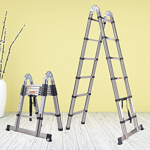 12.5FT/3.8M Newest Stainless Steel Telescopic Extension Ladder 2-IN-1 Folding A-Frame or Straight Ladder with Hinges Stabilizer Bar Sturdy for Home Apartment Office Shed Warehouse 330lb Max Load