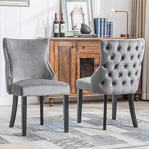 Merax Esszimmerstuhl 2er Set, Moderne Polsterstuhl mit hoher Rückenlehne, bequemer Wohnzimmerstuhl aus Samt, ergonomischer Stuhl, für Arbeitszimmer, Küche, Schlafzimmer, Gestell aus Massivholz, Grau
