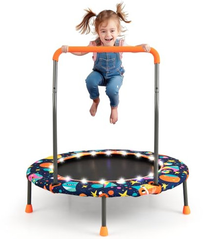 GOPLUS Ø92cm Kindertrampolin, Mini Trampolin mit LED-Lichtern, abnehmbarem Griff & Sicherheitspolster, Indoor Outdoor Gartentrampolin, Fitness Trampolin für Kinder von 3-6 Jahren (Bunt)
