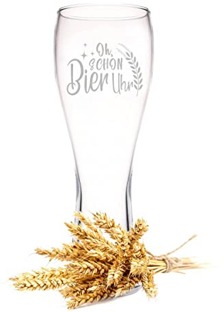 GRAVURZEILE Leonardo Weizenglas mit Gravur - Oh schon Bier Uhr - Geschenke für Papa zum Vatertag - Witziges Geschenk für Bierkenner Bier Liebhaber - Geschenkidee für Ihn Männer zum Geburtstag - 500 ml